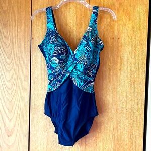 Size 10 LONG TALL beaded slimming one piece maillot swimsuit navy turquoise EUC